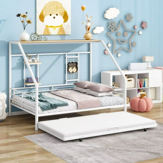 Full Size House Bed with Trundle, Metal Daybed Frame with 3 Storage Shelves and Grid, Playhouse Bed for Kids Teens Boys Girls Bedroom Playroom, No Box Spring Required, White