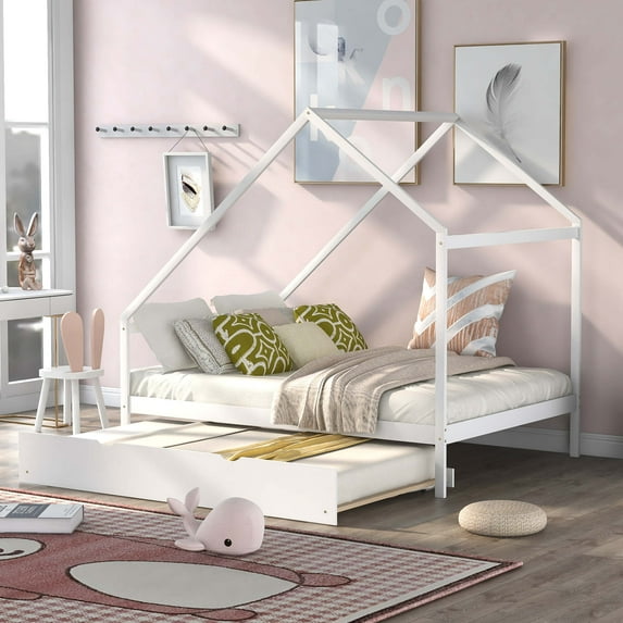 Full Size House Bed with Twin Size Trundle, Daybed for Toddlers Kids Girls Boys, Wood Floor Bed Frame Tent Bed, Bedroom Furniture, No Box Spring Needed, White 78.7''L x 56.1''W x73''H