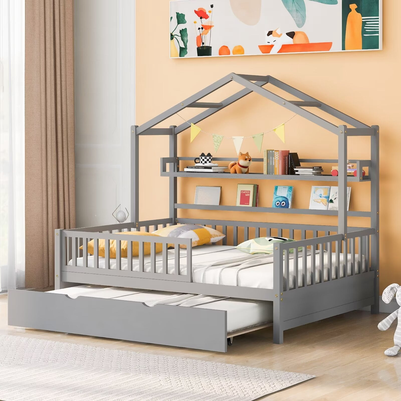 Full Size House Bed with Twin Size Trundle and 2 Storage Shelf, Wooden ...