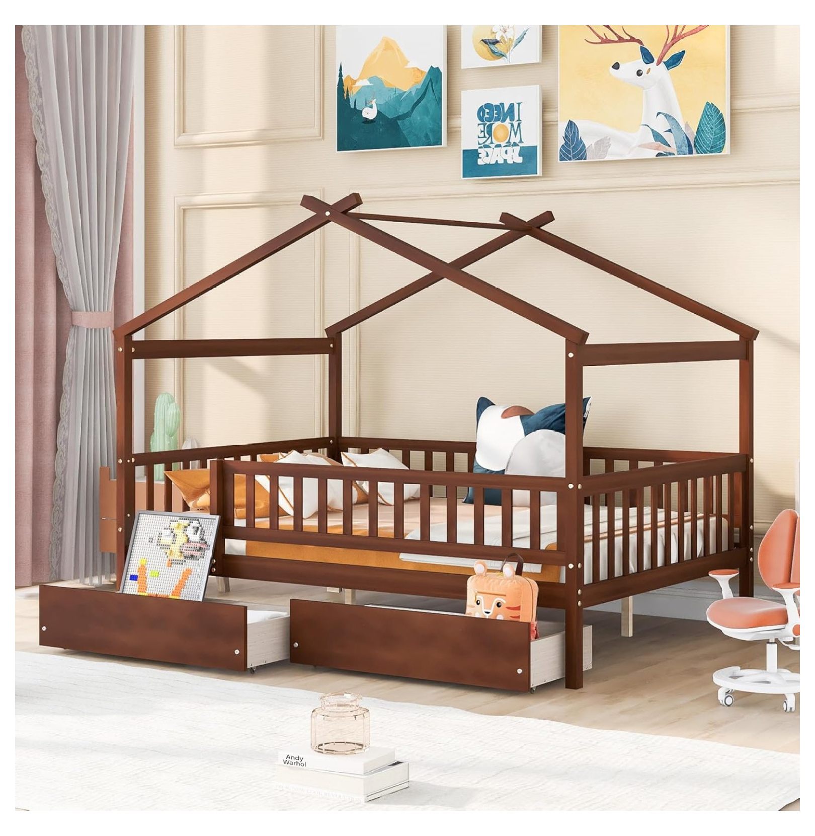 Full Size House Bed for Kids, Wooden House Bed Full with Storage