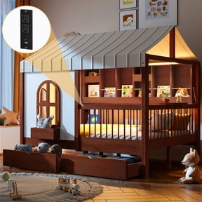Full Size House Bed with 2 Large Drawers, Side Bookshelf with LED Strip, Espresso