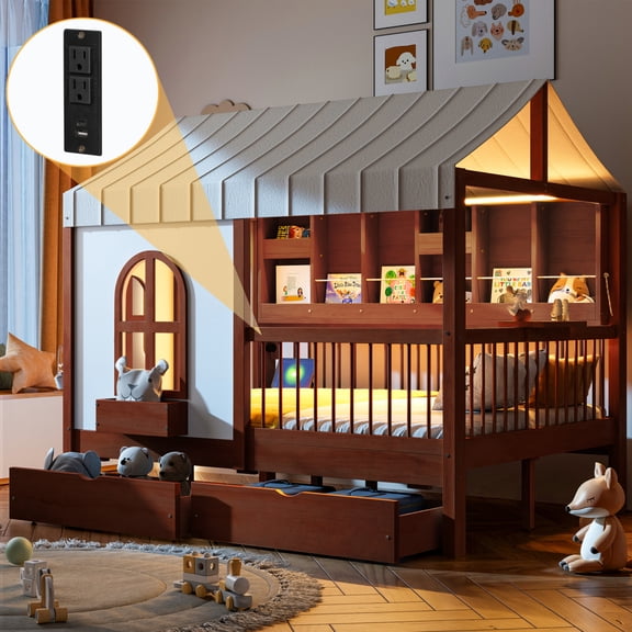 Full Size House Bed with 2 Large Drawers, Side Bookshelf with LED Strip, Espresso