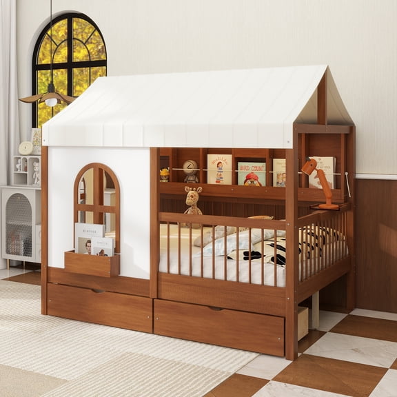 Full Size House Bed with 2 Large Drawers, Side Bookshelf with LED Strip, Walnut