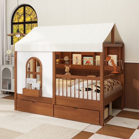 Full Size House Bed with 2 Large Drawers, Side Bookshelf with LED Strip, Walnut