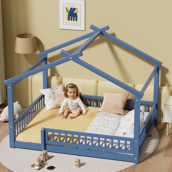 Full Size House Bed with Fence, Wood Floor Bed with Roof, Montessori Bed Frame Playhouse Bed for Girls and Boys, Easy Assembly, Mist Blue