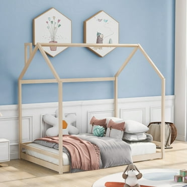 Full Size House Bed with Roof, Wood Platform Bed with Safety Guardrails,Wood Bed Frame,Montessori Bed, Playhouse Bed,Box Spring Needed