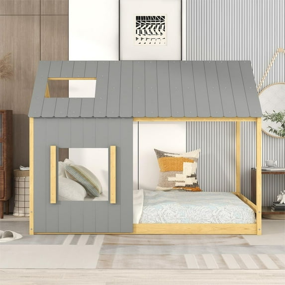 Full Size House Bed with Roof and Window,Gray+Natural