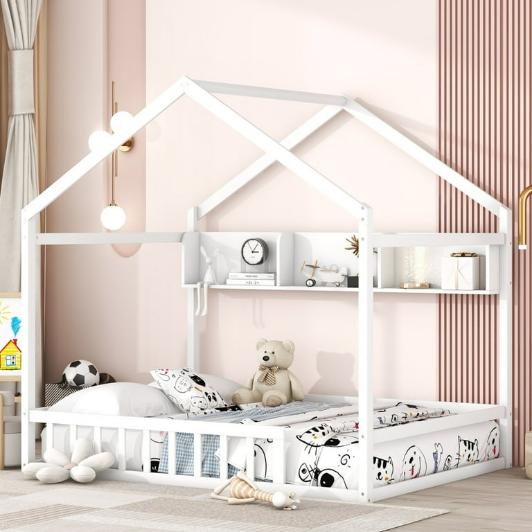 Full Size House Bed with Storage Shelf Full Floor Bed Frame with Fence and Roof Wooden Full Montessori Bed for Kids No Box Spring Needed White