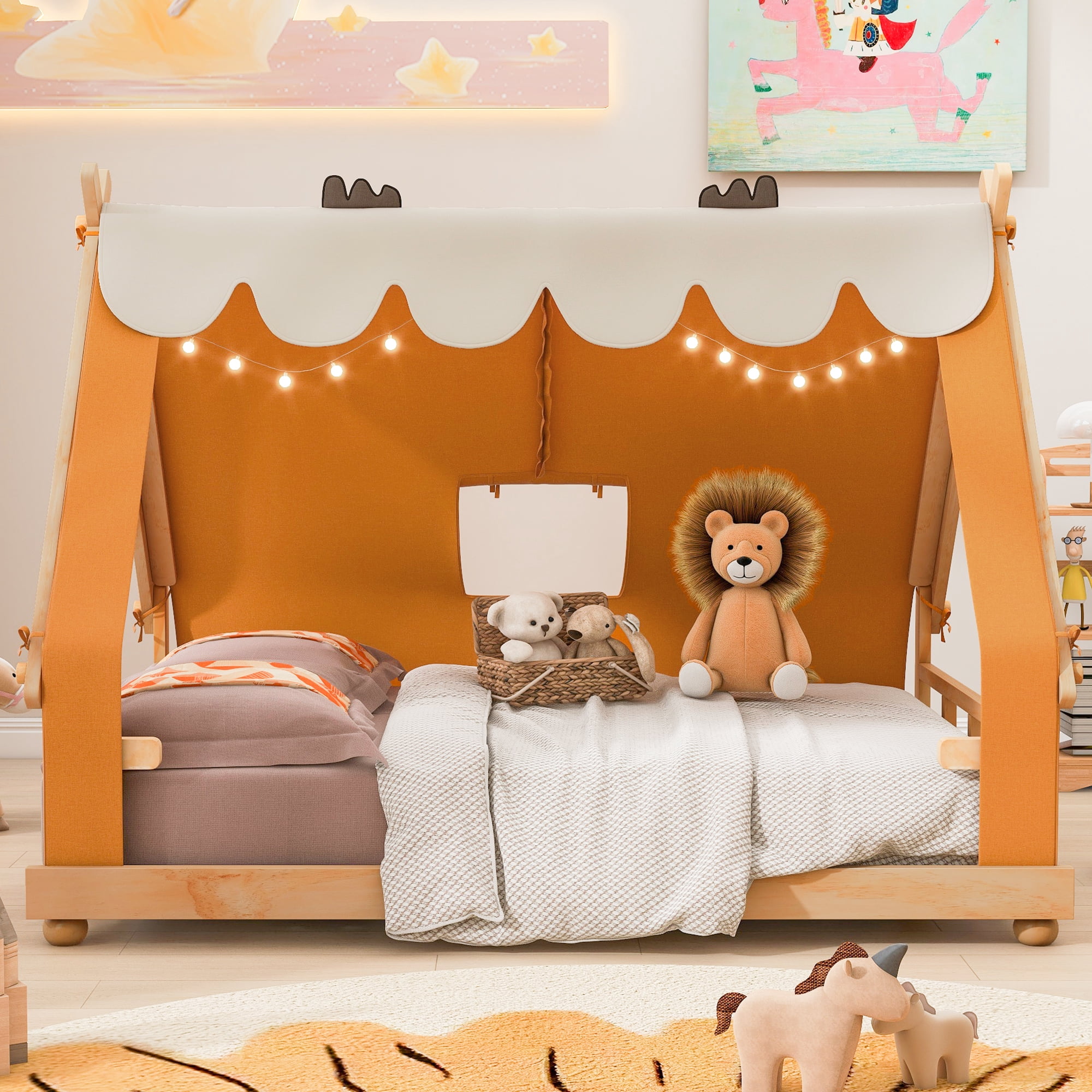 Full Size House Bed with Tent and Light,Brown