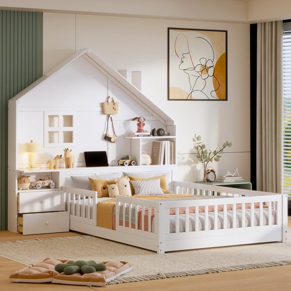 Full Size House Bed with Window & Drawers - White - Platform Bed with Shelves & USB Ports