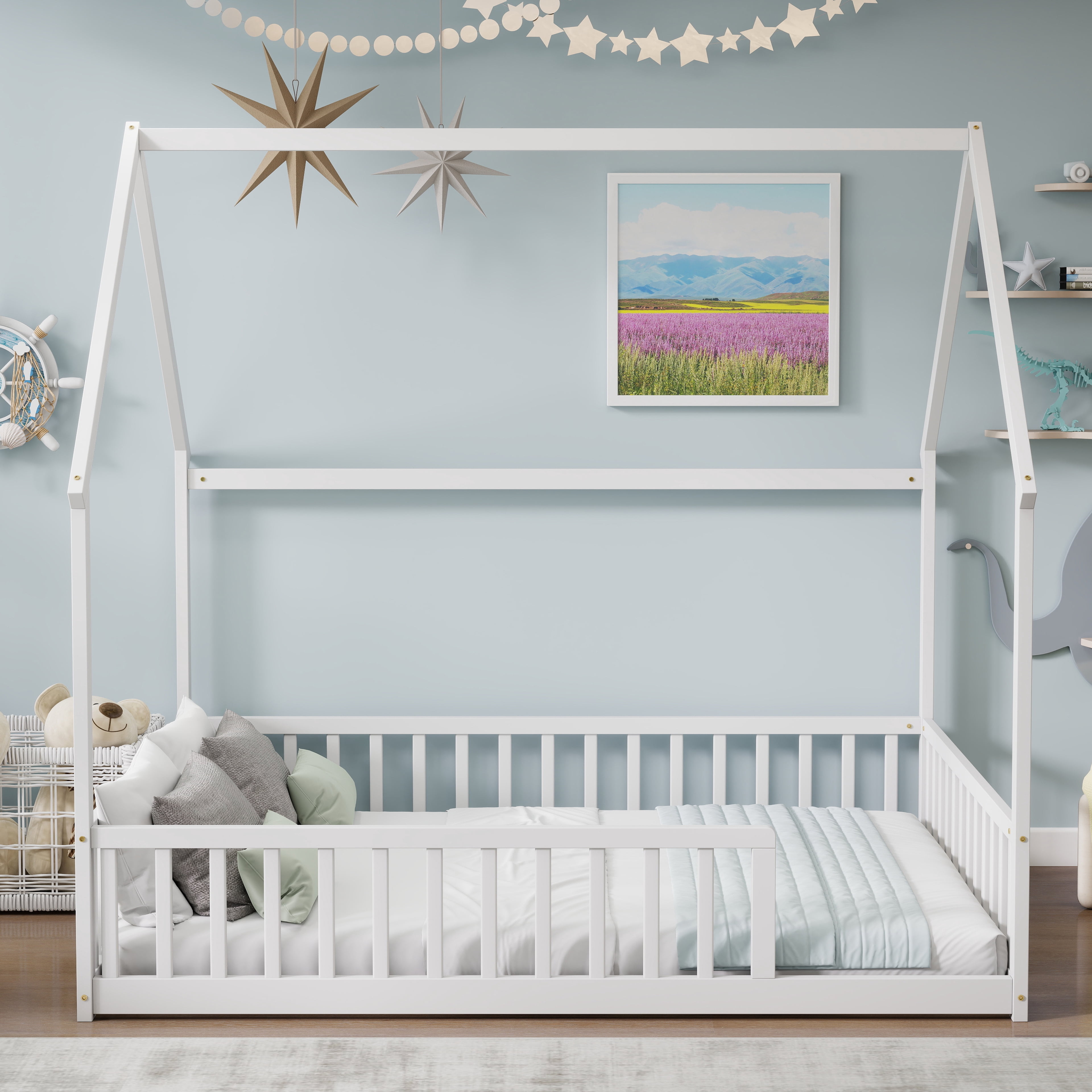 Full Size House Floor Bed with Full Surround Safety Fence, Solid Pine Wood Montessori Kids Playhouse Bed Frame Max 300 LBS No Box Spring Needed for Toddler Bedroom Nursery