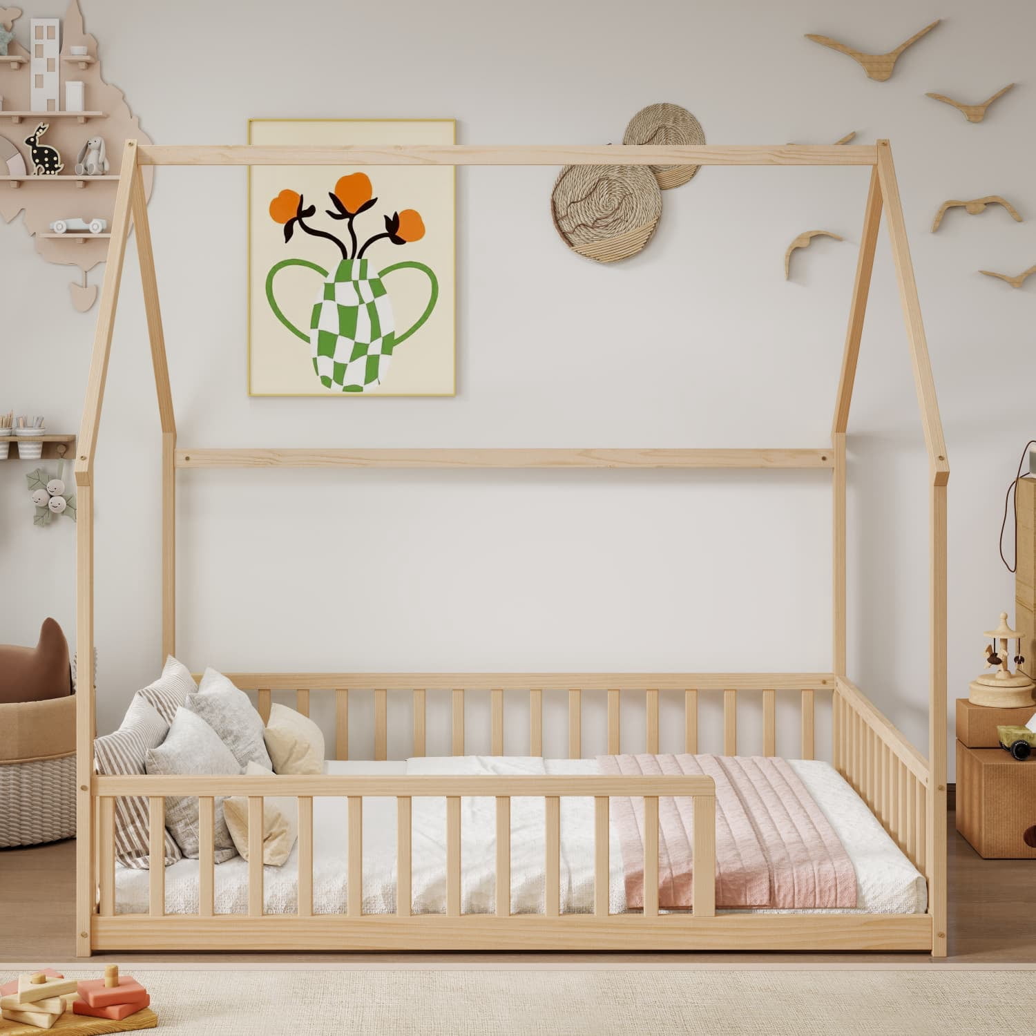 Full Size House Floor Bed with Full Surround Safety Fence, Solid Pine Wood Montessori Kids Playhouse Bed Frame Max 300 LBS No Box Spring Needed for Toddler Bedroom Nursery