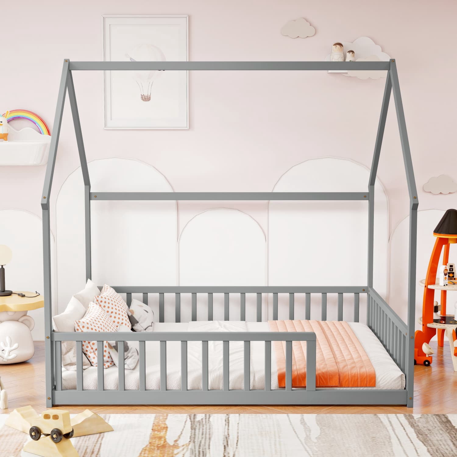 Full Size House Floor Bed with Full Surround Safety Fence, Solid Pine Wood Montessori Kids Playhouse Bed Frame Max 300 LBS No Box Spring Needed for Toddler Bedroom Nursery