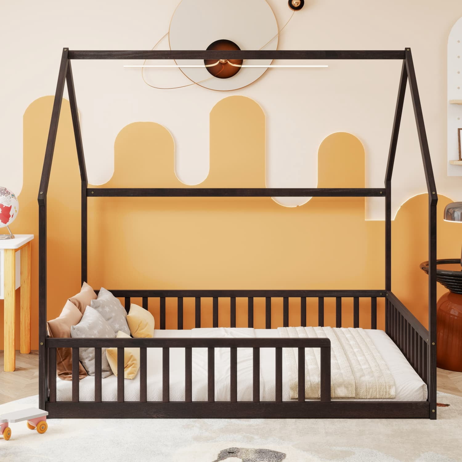 Full Size House Floor Bed with Full Surround Safety Fence, Solid Pine Wood Montessori Kids Playhouse Bed Frame Max 300 LBS No Box Spring Needed for Toddler Bedroom Nursery