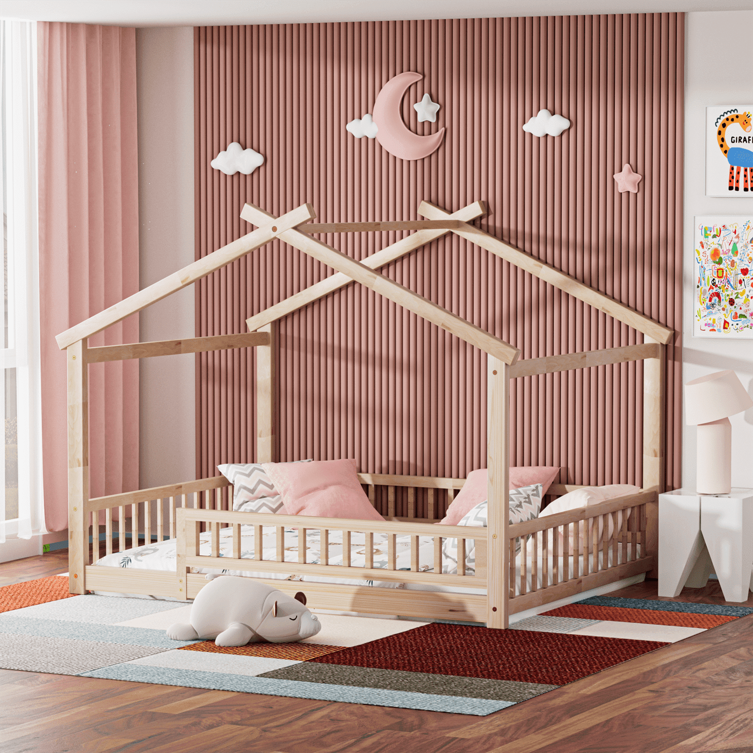Full Size House Floor Bed with Roof, Wooden Montessori Floor Bed Frame with Safety Fence and Wooden Slats, Montessori House Floor Bed for Boys and Girls, Natural