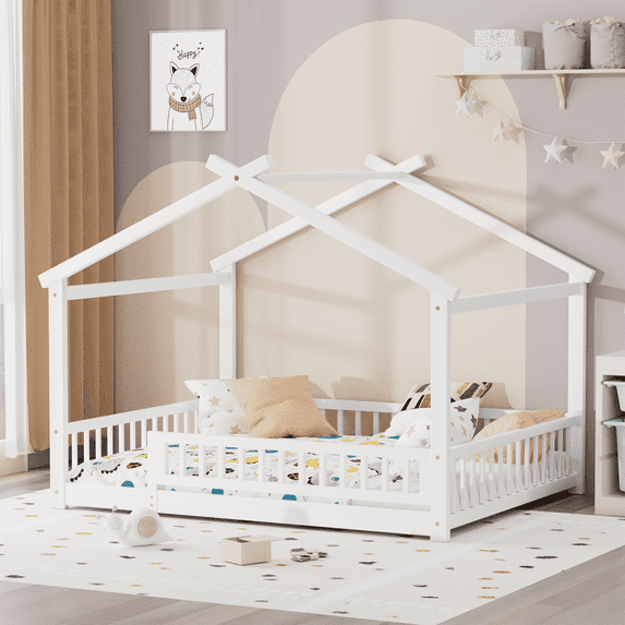 Full Size House Floor Bed with Roof, Wooden Montessori Floor Bed Frame with Safety Fence and Wooden Slats, Montessori House Floor Bed for Boys and Girls, White