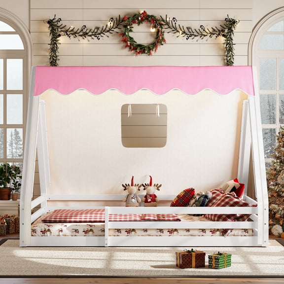 Full Size House Floor Bed with Tent, Solid Wood Teepee Floor Bed with LED Light and Full-Length Guardrails, Low-Profile Wooden Bed Frame, White and Pink Design