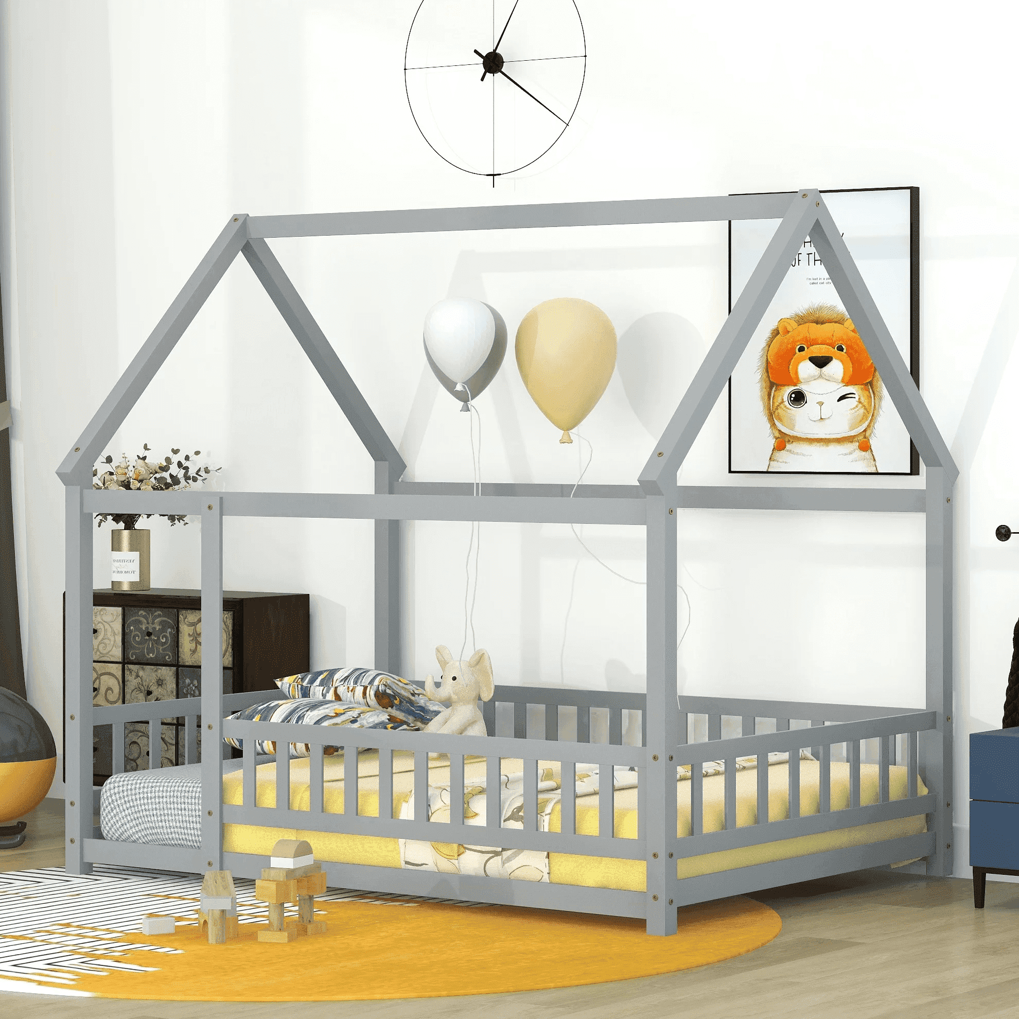 Full Size House Floor Bed, Wood Montessori Bed Frame with Fence Guardrails, House Beds Frame No Box Spring Needed（Full, Gray)