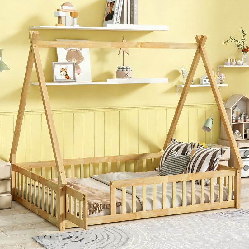 Full Size House Floor Bed, Wood Montessori Bed Frame with Fence Guardrails, House Beds Frame No Box Spring Needed（Full, Natural)