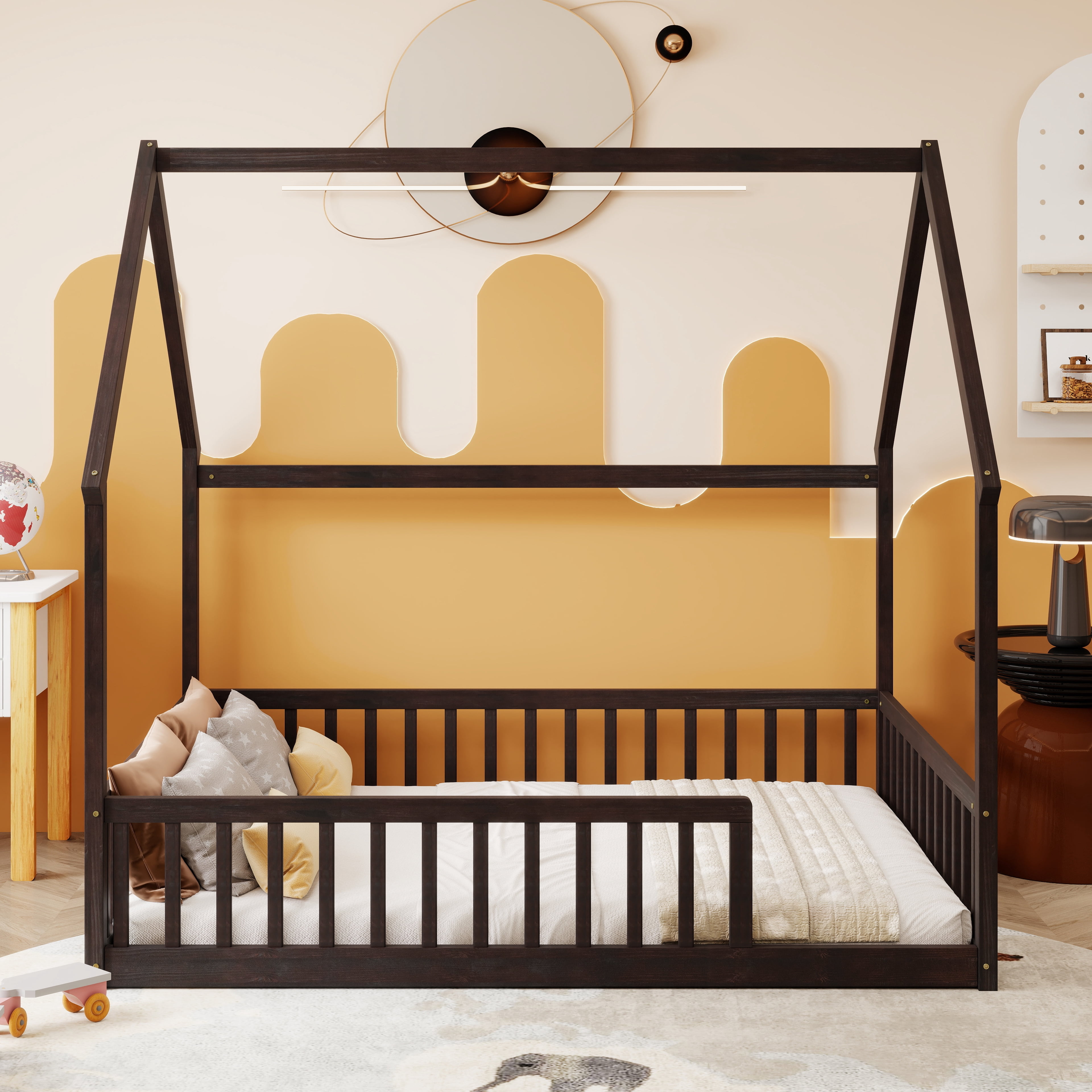 Full Size House Floor Bed with Roof Frame, Pine Wood Floor Bed with Safety Guardrails, Espresso