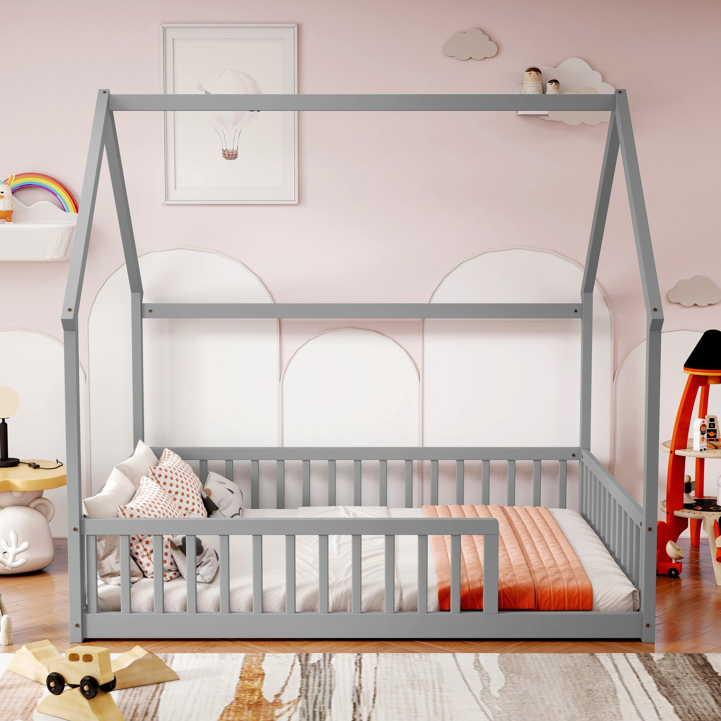 Full Size House Floor Bed with Roof Frame, Pine Wood Floor Bed with Safety Guardrails, Grey