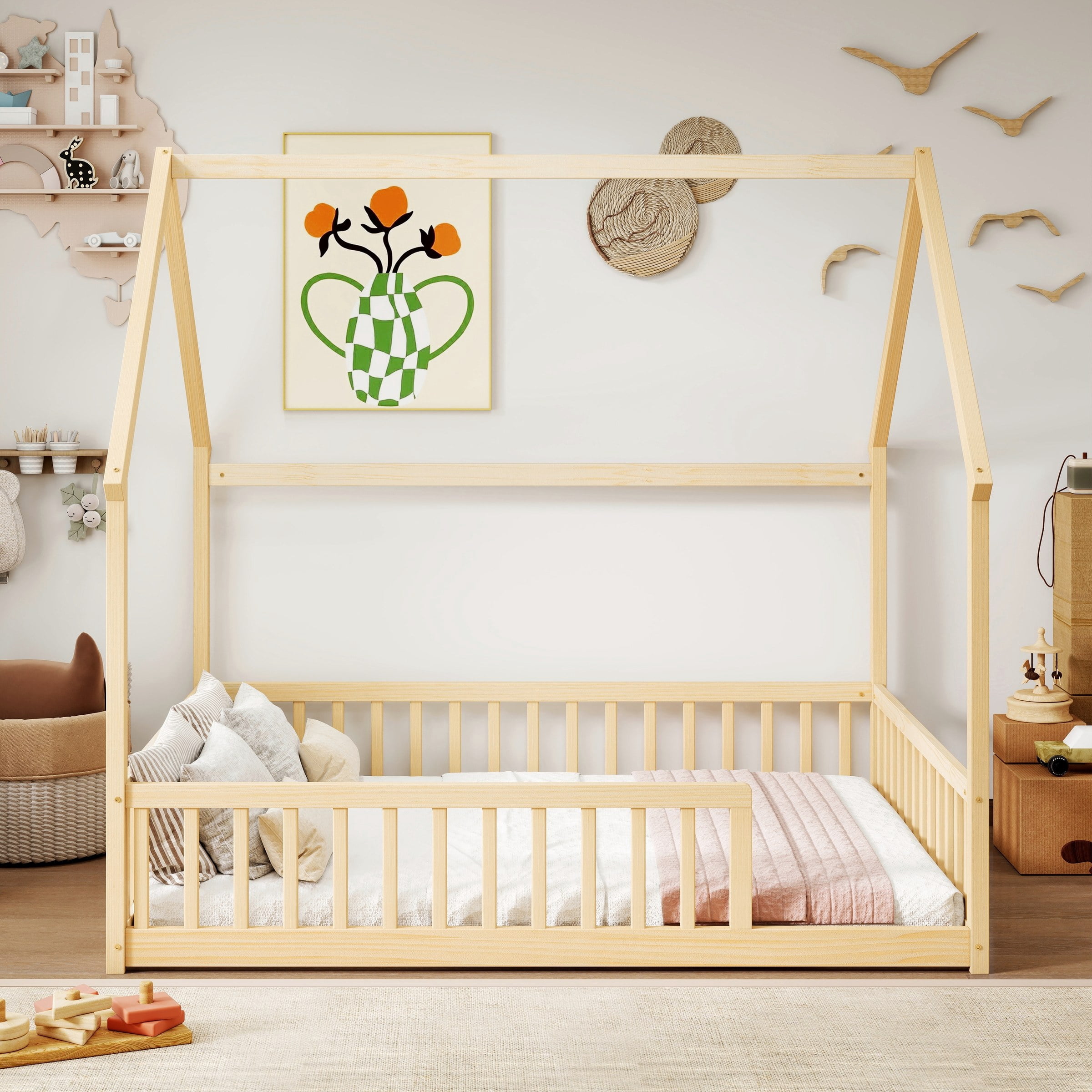 Full Size House Floor Bed with Roof Frame, Pine Wood Floor Bed with Safety Guardrails, Natural