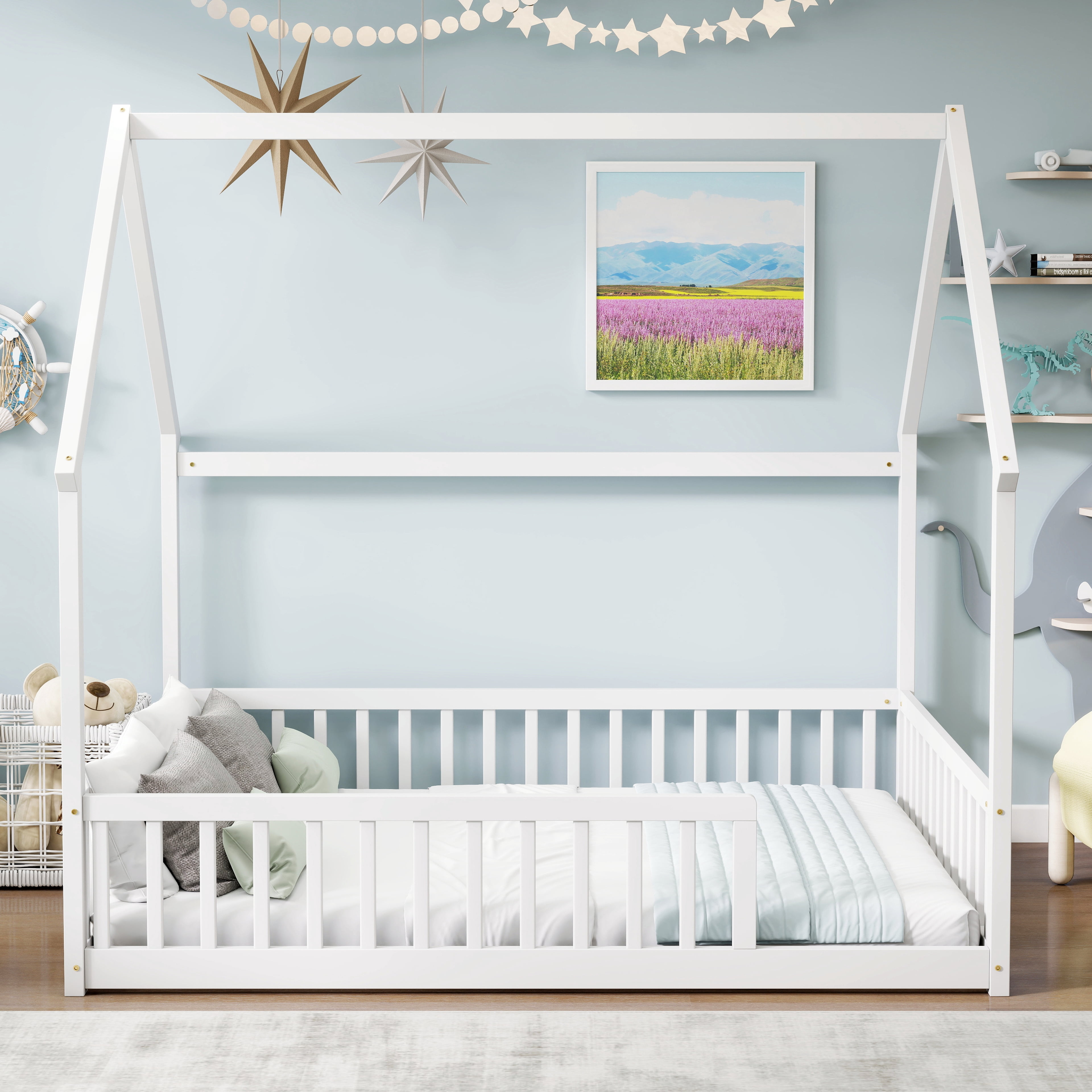 Full Size House Floor Bed with Roof Frame, Pine Wood Floor Bed with Safety Guardrails, White