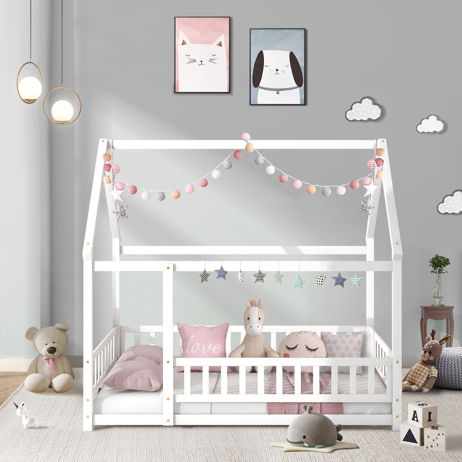 Full Size House Floor Bed with Roof, Wooden Floor Bed Frame with Door Frame and Safety Fence, Montessori House Floor Bed for Boys and Girls, White