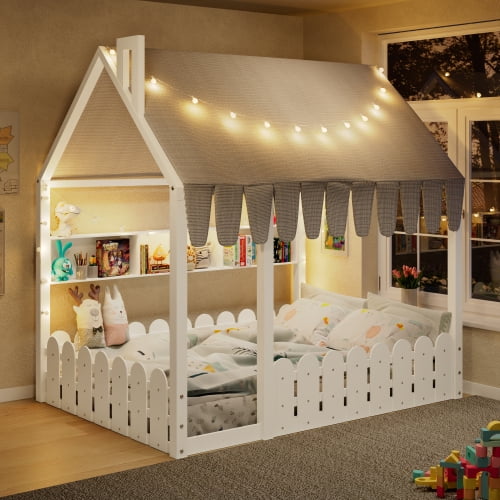 Full Size House Floor Bed with Tent and 3-Mode Lights, Wood Bed Frame with Storage Shelves and Safety Railings for Bedroom, Guest Room, White