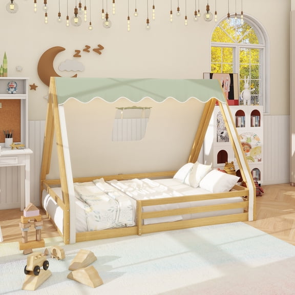 Full Size House Floor Bed with Tent and Light, Solid Wood Teepee Floor Bed with Full-length Guardrails, Montessori and Childlike Design,Natural+Green