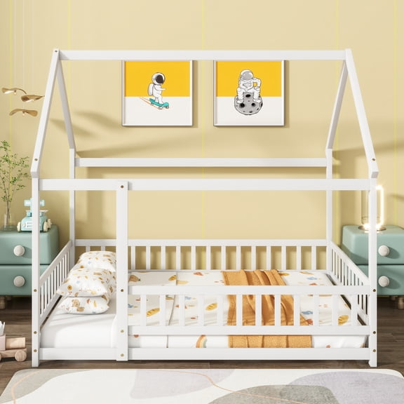 Full Size House Floor Wooden Bed with Roof Frame, Safety Guardrails