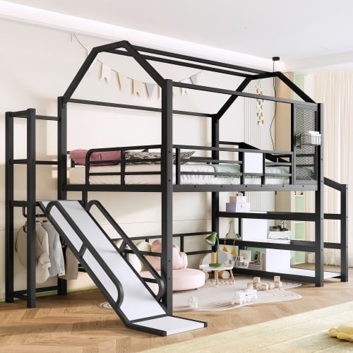 Full Size House Loft Bed with Slide and Stairs, Metal Frame Loft Bed with Shelves, Hanging Rod, Safe Guardrails, Playhouse Style, House-shaped Roof and Noise-free Design, Black
