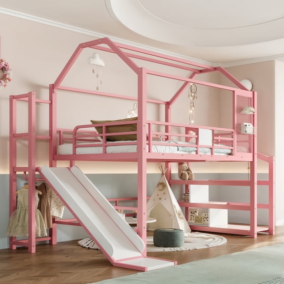 Full Size Loft Bed with Slide and Stairs, Metal Frame Loft Bed with Shelves, Hanging Rod, Safe Guardrails, Playhouse Style, House-shaped Loft bed with Wardrobe, Noise-free Design, Pink