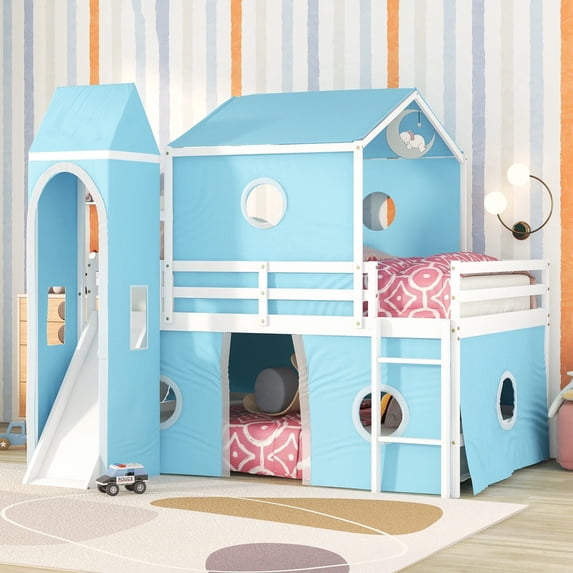 Full Size House Loft Bed with Slide and Tent, Wood Full Over Full Floor Bunk Bed with Curtains & Tower, Loft Bed Playhouse Bed Frame for Boys and Girls (Blue)