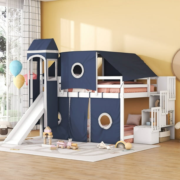 Full Size House Loft Bed with Tent and Tower, Castle Tent Bed with