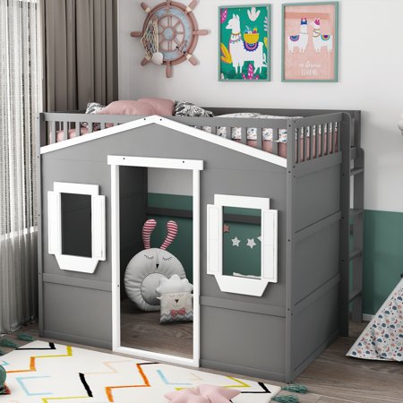 Full Size House Loft Bed With Ladder-Gray+White Frame