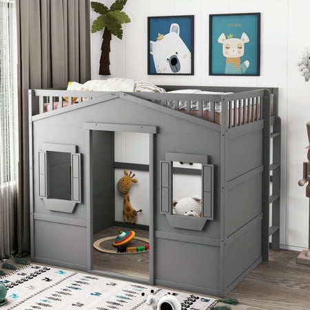 Full Size House Loft Bed With Ladder-Gray