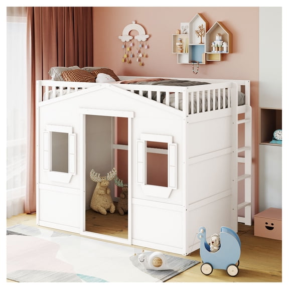 Full Size House Loft Bed with Ladder, White