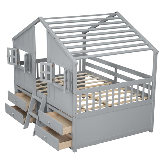 Full Size House Loft Bed with Roof, Windows,4 Storage Drawers,Pine Wooden Bed with Safety Guardrails,Ladder,Grey