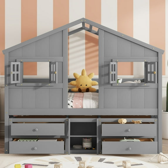Full Size House Loft Bed with Roof, Windows and 4 Storage Drawers,Pine Wooden House Bed Frame with Safety Guardrails and Ladder for Bedroom, Grey