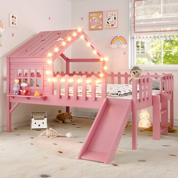 Full Size House Loft Bed with Slide,Playhouse Bed with Star Moon-shaped Designs and Window, Chic Design with LED Lights,No Box Spring Needed,Pink