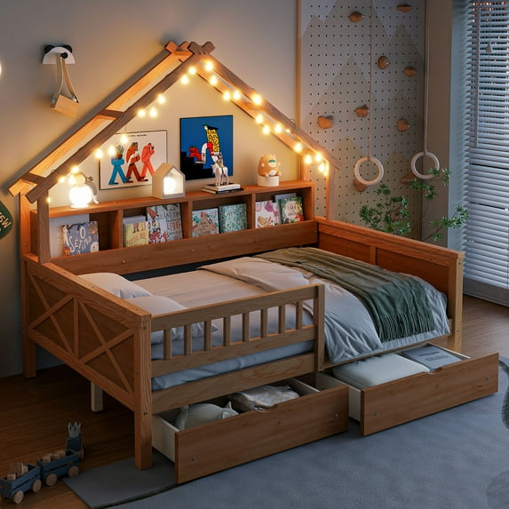 Full Size House Platform Bed with Drawers and Guardrail,Safety Comfortable Bed Frame with LED Lights and Storage Shelves,No Box Spring Needed,Natural