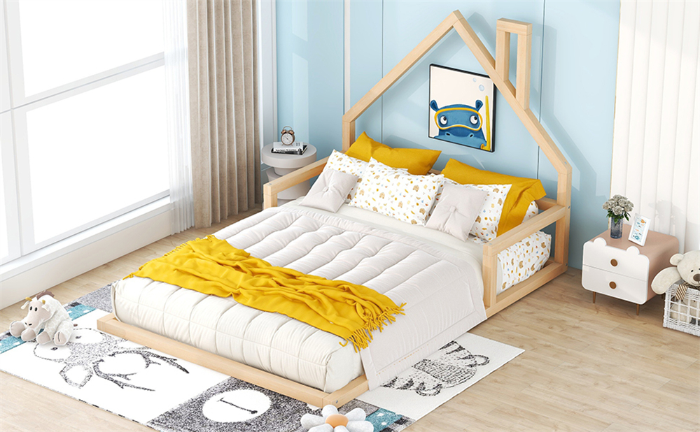 Full Size Wood Floor Bed with House-shaped Headboard - Natural