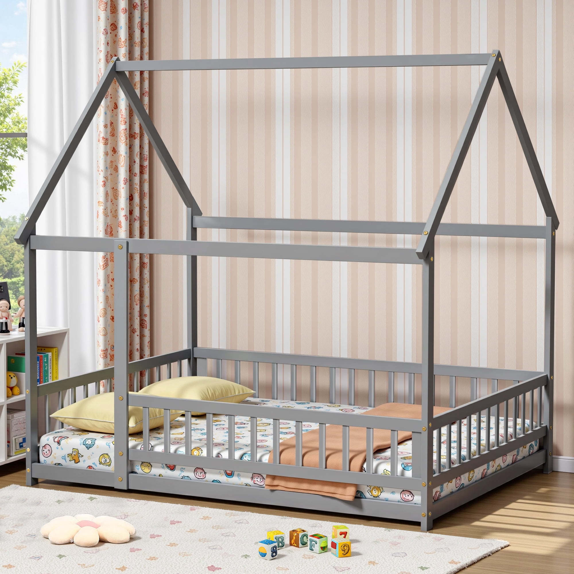 Full Size House Shaped Floor Bed with Fence and Door, Montessori House Bed Frame with Safety Guardrails, Mattress Not included, Gray