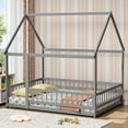 thumbnail image 1 of Full Size House Shaped Floor Bed with Fence and Door, Montessori House Bed Frame with Safety Guardrails, Mattress Not included, Gray, 1 of 7