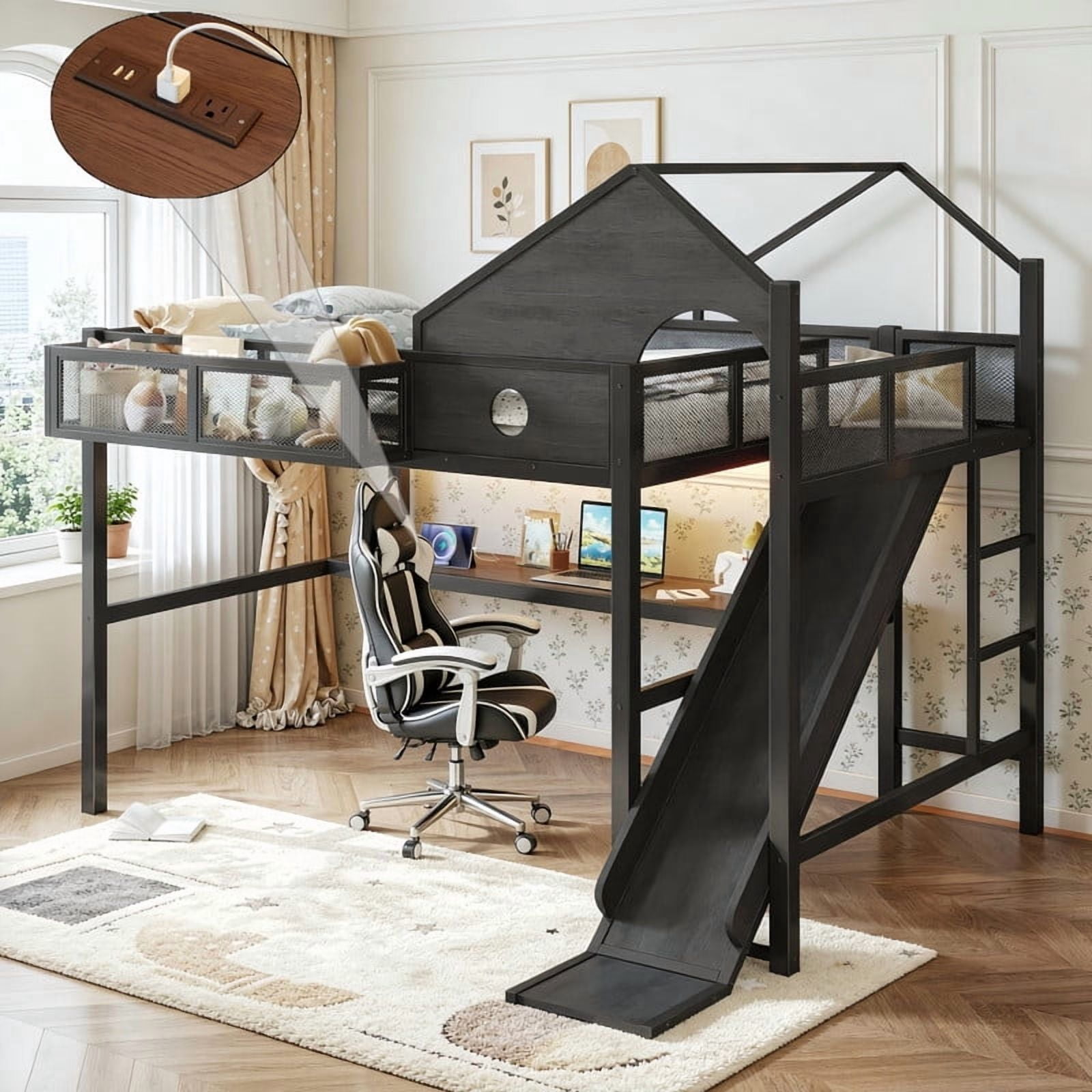 Full Size House Shaped Kids Loft Bed with Slide, Teens Metal Bed Frame with LED Lights, Desk, Power Outlet & Storage Shelf