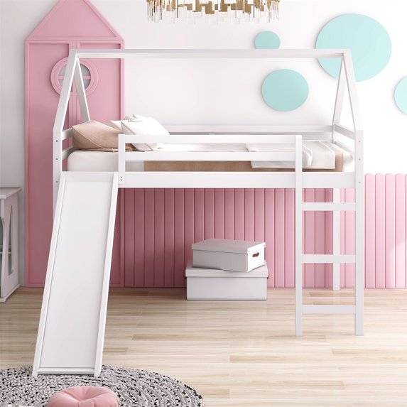 Full Size House-shaped Loft Bed Frame with Slide and Built-in Ladder, Low Loft bed with Safety Guardrail, No Box Spring Required, White
