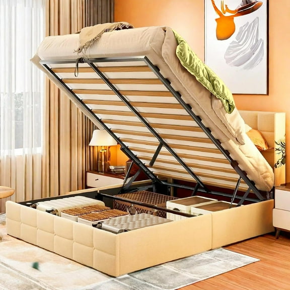 Full Size Hydraulic Storage Bed Frame for Bedroom, Dorm Room & Apartment, Beige