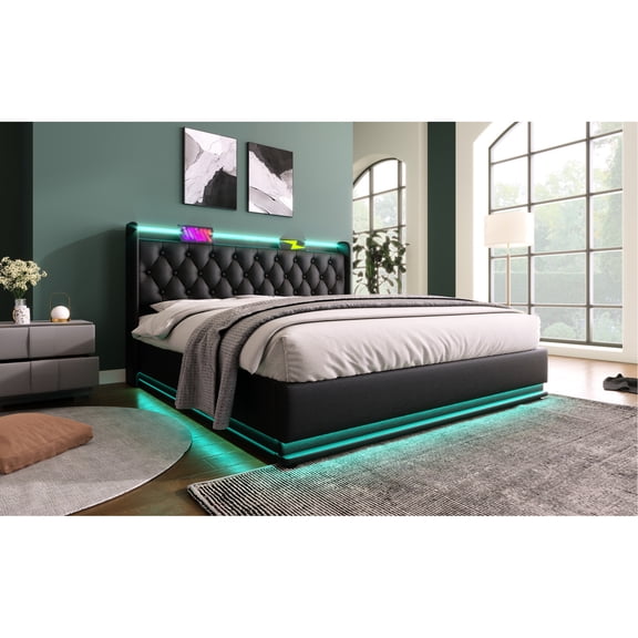Full Size Hydraulic Storage Bed With 360° Led Effect - Type-c, Black Pu Cover Upholstered 360 Surround Led, & Type-c Charge