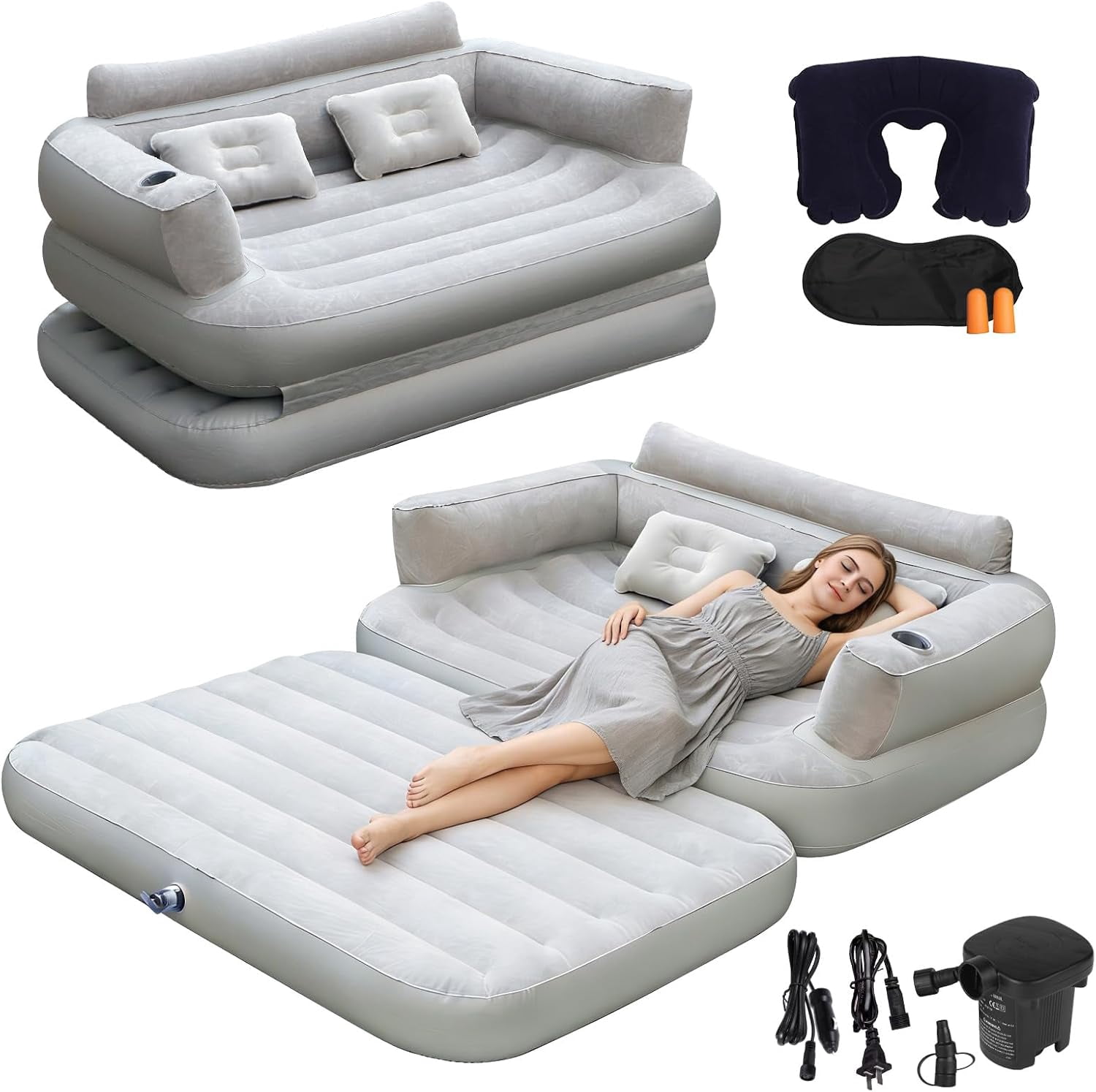 Full Size Inflatable Sofa Bed with Air Pump,2-in-1 Blow-Up Couch and Folding Air Mattress Bed for Home,Camping,and Guests